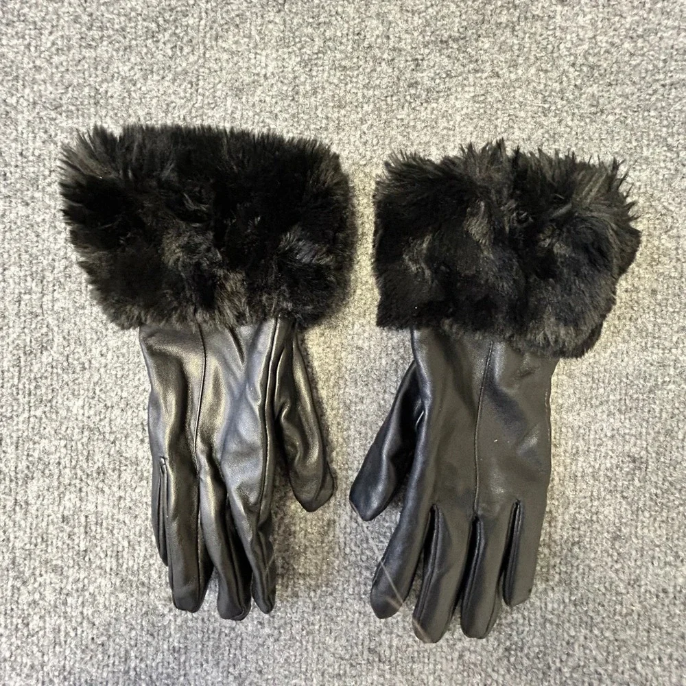 Summer & Rose Gloves Womens Size OS Black Faux Leather Fur Cuff Chic Winter Warm